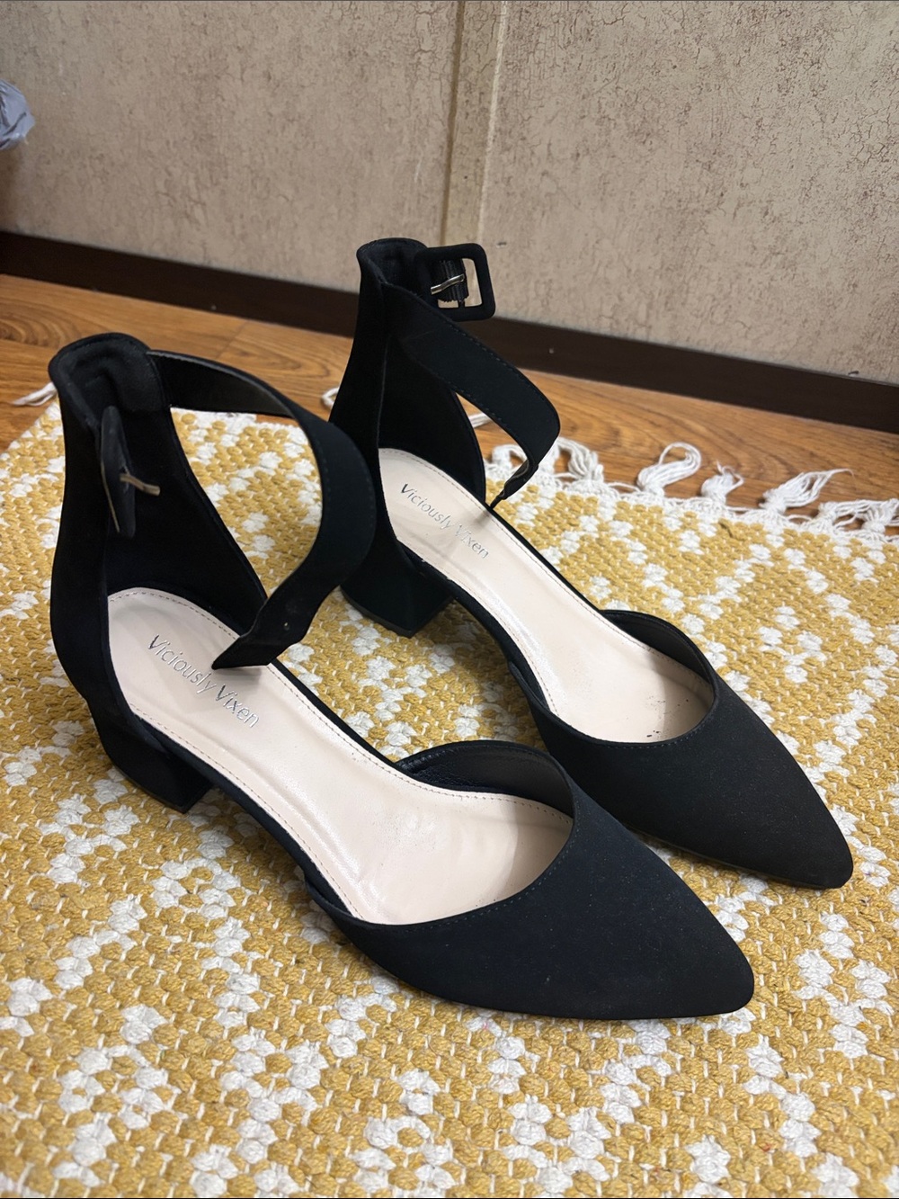 Black Pointed Ankle-Strap Block Heel Pumps
